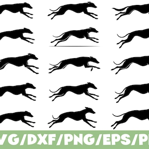 Puede incluir: Una colección de quince siluetas negras de galgos corriendo dispuestas en una cuadrícula. Cada gráfico muestra al perro en una fase ligeramente diferente del galope. El texto SVG/DXF/PNG/EPS/PDF aparece en blanco en la parte inferior.