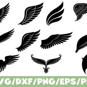 May include: A collection of black wing designs in various styles. The wings range from simple, stylized shapes to detailed feather patterns. The image includes the text "SVG/DXF/PNG/EPS/PDF" in green.
