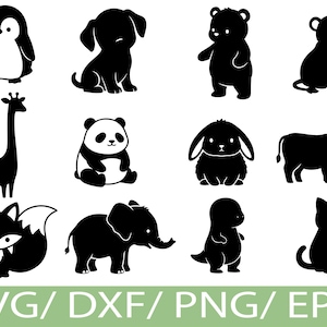Könnte beinhalten: Eine Sammlung von schwarz-weißen Tiersilhouetten, darunter ein Pinguin, ein Hund, ein Bär, ein Löwe, eine Giraffe, ein Panda, ein Kaninchen, eine Kuh, ein Fuchs, ein Elefant, ein Dinosaurier und eine Katze. Der Text "SVG/DXF/PNG/EPS" befindet sich unten.