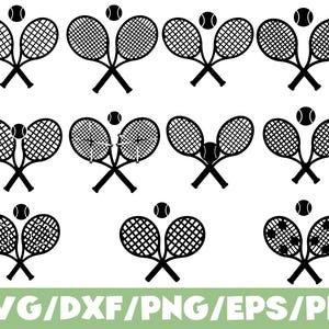 May include: A selection of black and white tennis racket and ball designs. Each illustration shows crossed rackets with a tennis ball above. The image includes the text "SVG/DXF/PNG/EPS/PDF" in green.