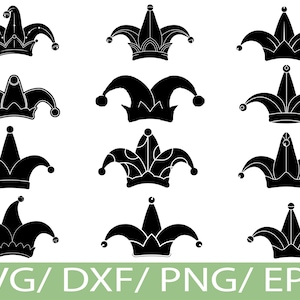 May include: Nine black jester hat designs in various styles. Each hat features a tall, pointed crown with attached bells and curved flaps. The hats are arranged on a white background. The bottom of the image has the text "SVG / DXF / PNG / EPS" in green.