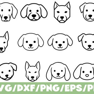 Op de afbeelding: Een verzameling van twaalf zwart-wit illustraties van honden gezichten. De honden hebben verschillende oorvormen en gezichtsuitdrukkingen. Onderaan de afbeelding staat de tekst "SVG/DXF/PNG/EPS/PDF" in het groen.