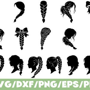 Op de afbeelding: Een verzameling zwarte silhouetafbeeldingen met diverse gevlochten kapsels, waaronder enkele vlechten, paardenstaarten en gevlochten stijlen versierd met strikken, gepresenteerd in een raster met de tekst SVG/DXF/PNG/EPS/PDF onderaan.