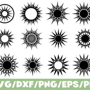May include: A collection of black sunburst designs in various styles. The suns have different shapes and details, including flames, sharp points, and circular patterns. The bottom of the image displays the text "SVG/DXF/PNG/EPS/PDF" in green.