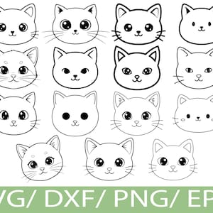 Pode incluir: Uma coleção de ilustrações de rostos de gatos em preto e branco com várias expressões. A imagem inclui diferentes estilos de rostos de gatos, com variações na forma dos olhos, bigodes e design geral. O texto "SVG / DXF / PNG / EPS" é exibido na parte inferior.