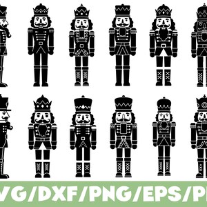 May include: Black and white illustrations of nutcrackers in various poses. The nutcrackers are depicted in a classic soldier style, with detailed uniforms and hats. The image includes the text "SVG/DXF/PNG/EPS/PDF".
