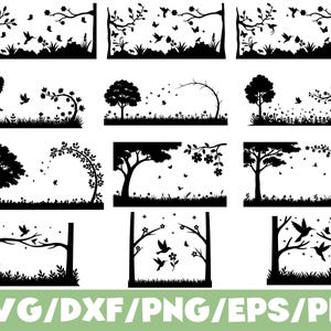 May include: A collection of black silhouette designs featuring trees, birds, flowers, and foliage. The designs are in various rectangular and arched frames. The bottom of the image displays the text "SVG/DXF/PNG/EPS/PDF" in green.