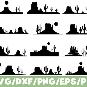 May include: A collection of twelve black silhouette graphics depicting desert landscapes with mesas, buttes, and various cacti under suns. The bottom of the image features the white text SVG/DXF/PNG/EPS/PDF on a light green background.