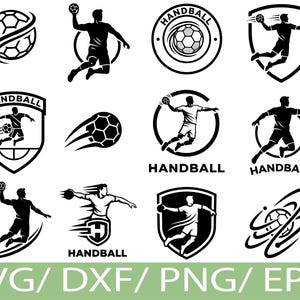 Könnte beinhalten: Eine Sammlung von Handball-Vektorgrafiken in Schwarz und Weiß. Die Designs umfassen Silhouetten von Spielern beim Werfen des Balls, Handball-Logos und stilisierte Ballgrafiken. Der untere Teil des Bildes zeigt den Text "SVG / DXF / PNG / EPS".