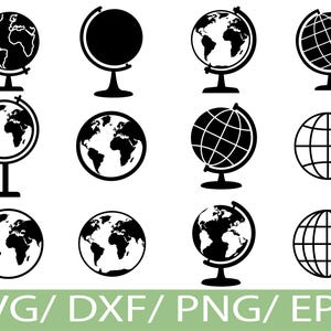 Puede incluir: Una colección de ilustraciones de globos terráqueos en blanco y negro en varios estilos. Los diseños incluyen mapas del mundo detallados, globos sólidos y representaciones en forma de cuadrícula, todos sobre soportes. El texto "SVG / DXF / PNG / EPS" está en la parte inferior.