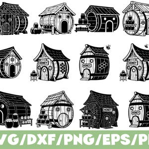 May include: A collection of twelve black and white digital illustrations featuring barrel-shaped houses, some with honey jars, honeycomb patterns, and bees. The designs include various architectural details like doors, windows, and roofs, labelled with the text HONEY.