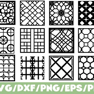 May include: A collection of twelve square black and white geometric patterns featuring various lattice, circular, hexagonal, and grid designs. The bottom of the image displays the text SVG/DXF/PNG/EPS/PDF in white letters against a light green background.