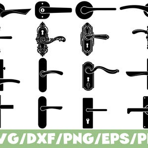 Könnte beinhalten: Eine Sammlung von sechzehn schwarzen Silhouetten von Türgriffen und Hebelgarnituren in einem Raster. Die Designs umfassen verschiedene Formen, Langschilder und Schlüssellochkonfigurationen. Der Text SVG/DXF/PNG/EPS/PDF ist unten sichtbar.