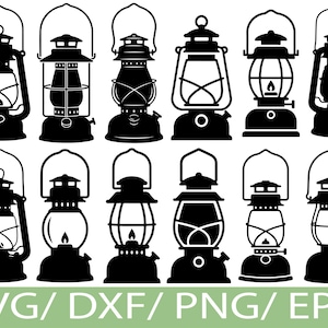 Puede incluir: Siluetas negras de linternas con diversos diseños, incluyendo paneles de vidrio, asas y bases. La imagen incluye el texto "SVG / DXF / PNG / EPS" en una pancarta verde en la parte inferior, indicando formatos de archivo.