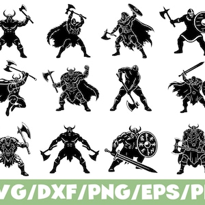 以下が含まれることがあります： 様々なアクションポーズで斧、剣、盾を振り回す、黒いシルエットのバイキングのイラストのコレクション。角のあるヘルメットと毛皮のマントを着た姿が描かれています。
