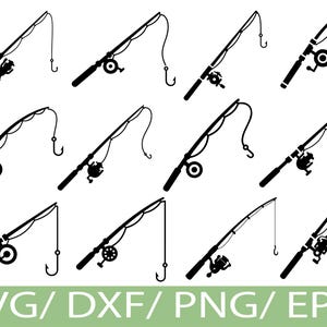 Puede incluir: Ilustración vectorial en blanco y negro de cañas de pescar con carretes y anzuelos. La imagen presenta múltiples diseños de cañas de pescar, ideal para proyectos de manualidades o diseños temáticos al aire libre. El texto "SVG/DXF/PNG/EPS" está en la parte inferior.