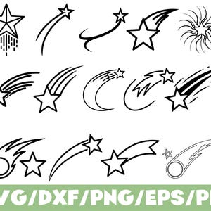 May include: A selection of black and white star illustrations, including shooting stars and starburst designs. The image features various star shapes with different trails and effects. The bottom of the image displays the text "SVG/DXF/PNG/EPS/PDF" in green.