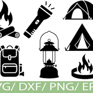 May include: Black and white camping-themed illustrations. Includes a campfire, flashlight, two tents, a backpack, a lantern, and a ring of fire. The text at the bottom reads "SVG/DXF/PNG/EPS".