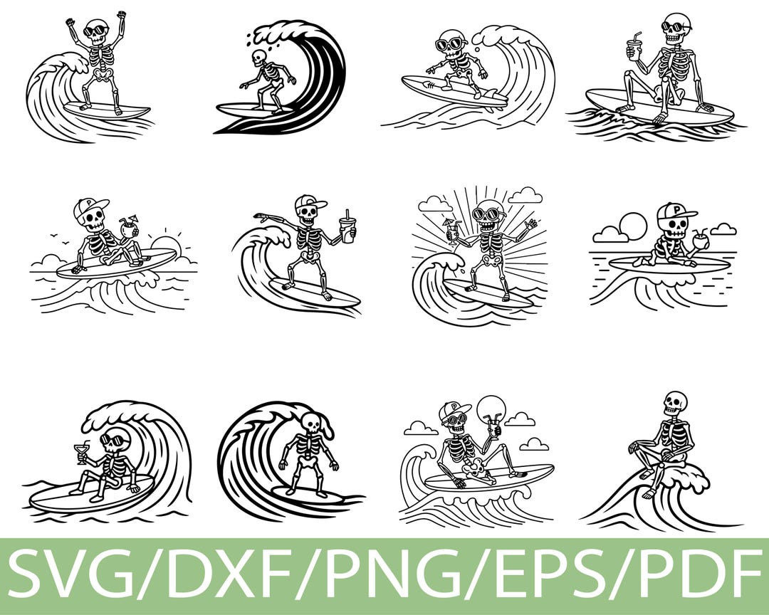 Surfing Skeleton SVG Silhouette Set | Funny Beach Wave Skull Surf Poses ...