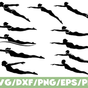 May include: Black silhouette illustrations of a person swimming in various positions. The images show a person in a streamlined pose, with arms extended forward. The bottom of the image has the text "SVG/DXF/PNG/EPS/PDF".