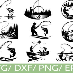 Puede incluir: Una colección de gráficos vectoriales en blanco y negro con temática de pesca. Cada diseño presenta una silueta de una persona pescando, con un pez saltando fuera del agua. Los diseños incluyen árboles, montañas y elementos acuáticos. El texto "SVG/DXF/PNG/EPS" está en la parte inferior.