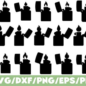 May include: A collection of fifteen black silhouette icons depicting open flip-top lighters with visible flames. The icons are arranged in three rows of five, showcasing various lid angles. The text SVG/DXF/PNG/EPS/PDF appears at the bottom.