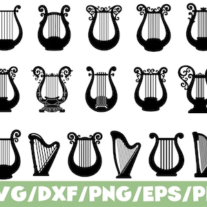 Könnte beinhalten: Eine Sammlung von fünfzehn schwarzen Silhouetten-Symbolen mit verschiedenen Leier- und Harfendesigns, angeordnet in drei Reihen. Jede Musikinstrumentengrafik zeigt unterschiedliche Rahmenformen, Schnörkeldetails und vertikale Saiten. Text: SVG/DXF/PNG/EPS/PDF.
