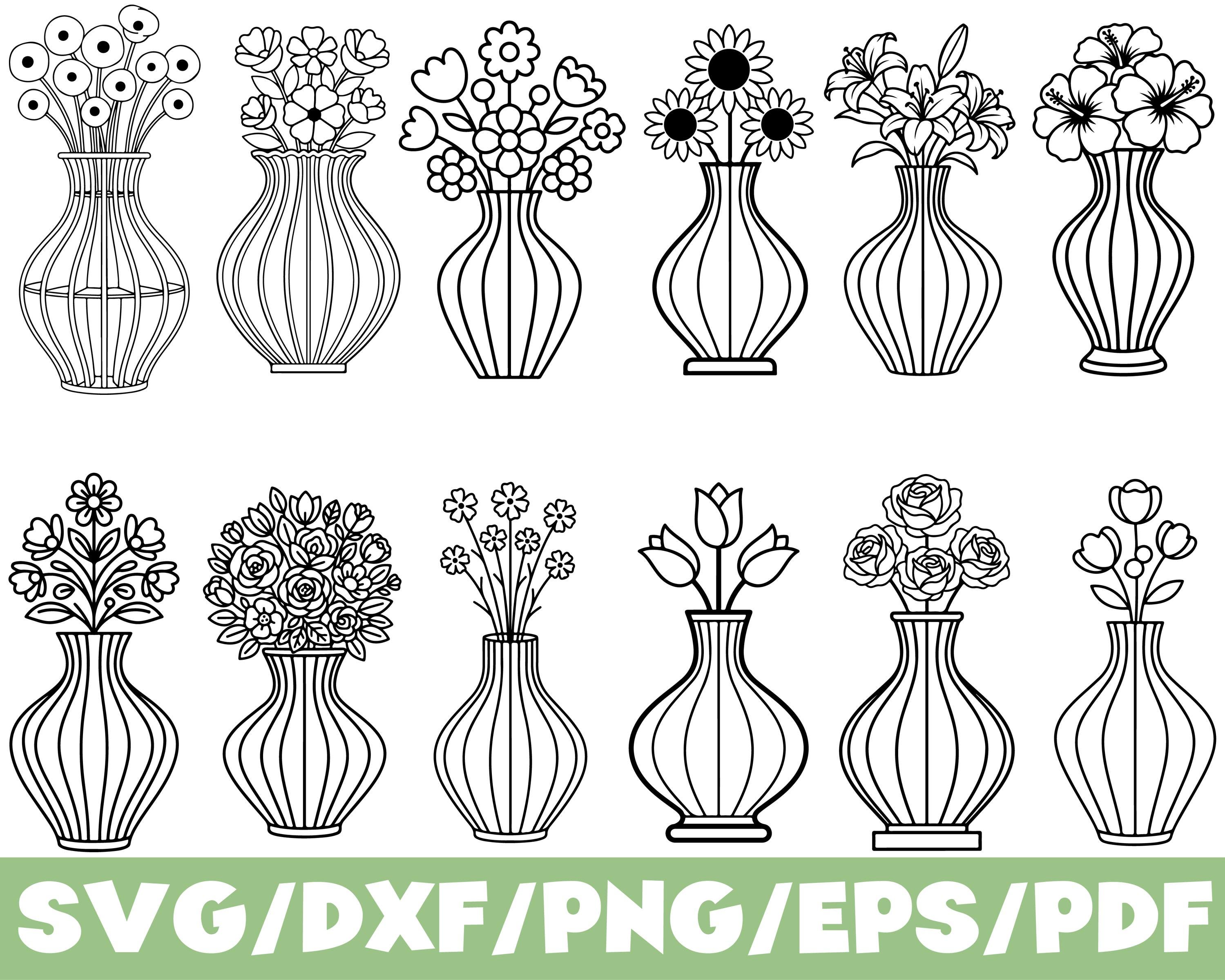 Flower Vase SVG Silhouette Bundle, Floral Bouquet Line Art Design Set ...