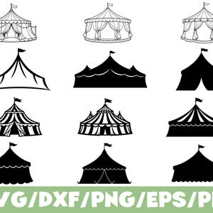 Könnte beinhalten: Eine Sammlung von Zirkuszelt-Designs in Schwarz und Weiß. Die Zelte variieren im Stil, einige mit Streifenmustern, andere mit Vorhängen, alle mit einer kleinen Flagge oben. Der untere Teil des Bildes zeigt den Text "SVG/DXF/PNG/EPS/PDF" in Grün.