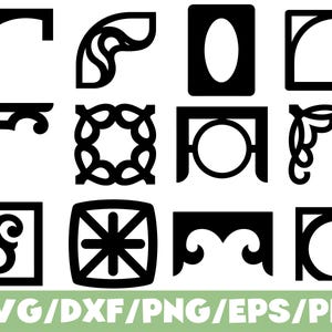 May include: A collection of twelve black digital graphic corner designs and frame elements arranged in a grid. The set includes various geometric, scroll, and border patterns. The text SVG/DXF/PNG/EPS/PDF is displayed at the bottom.