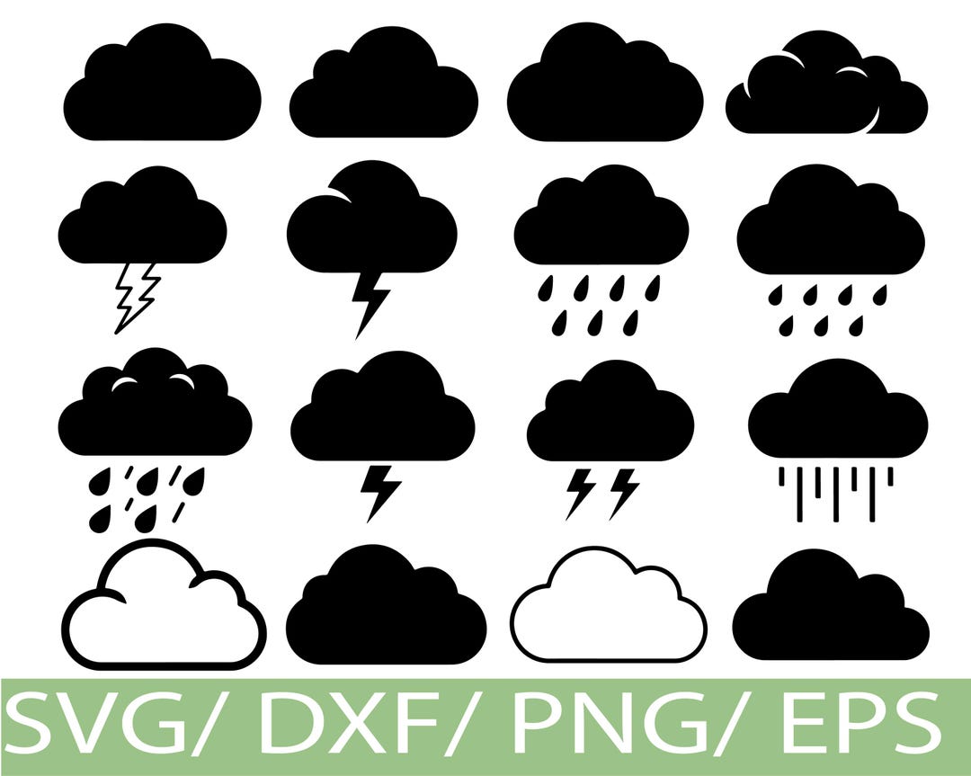 Cloud Weather SVG Silhouette Set, Rain Thunder Storm Icons, Minimal ...