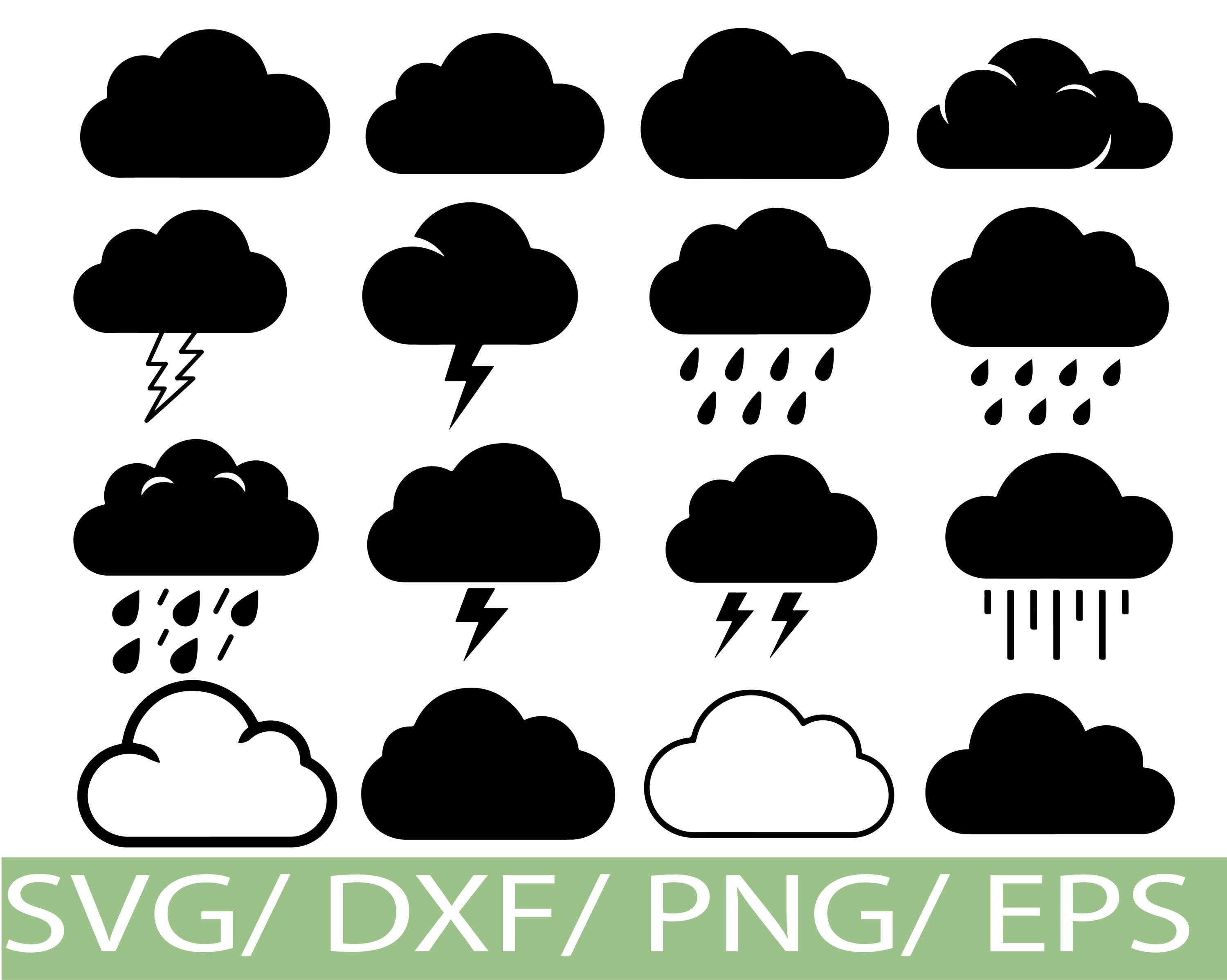 Cloud Weather SVG Silhouette Set, Rain Thunder Storm Icons, Minimal ...