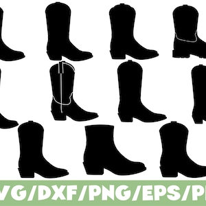 Può includere: Una collezione di undici sagome nere di vari stivali da cowboy disposte su tre file. I design presentano diverse altezze del gambale, forme del tacco e stili della punta. Il testo SVG/DXF/PNG/EPS/PDF è visualizzato in bianco in basso.