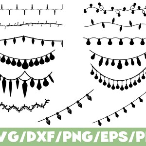 May include: A collection of black silhouette illustrations featuring various styles of string lights and decorative holiday garlands. The set includes straight, draped, and diagonal arrangements of bulbs in different shapes, including round and pointed designs.