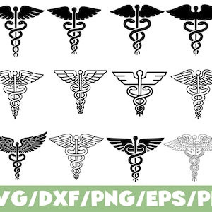 May include: A selection of Caduceus symbols, the medical emblem, in different designs. Each symbol shows a staff entwined by two snakes, with wings above. The image includes the text "SVG/DXF/PNG/EPS/PDF" in green.