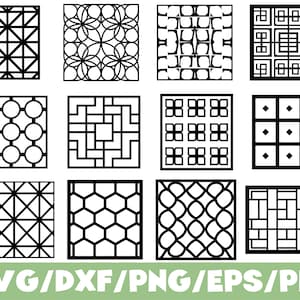 May include: A collection of twelve square digital patterns featuring black geometric and lattice designs on a white background. The set includes various grid, circular, hexagonal, and linear motifs. The text SVG/DXF/PNG/EPS/PDF is displayed at the bottom.