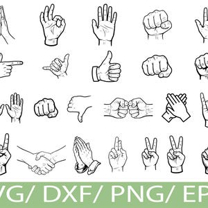 Może przedstawiać: Czarno-białe ilustracje różnych gestów dłoni, w tym kciuk w górę, znaki pokoju i splecione dłonie. Obraz zawiera tekst "SVG / DXF / PNG / EPS" w zielonym banerze na dole.