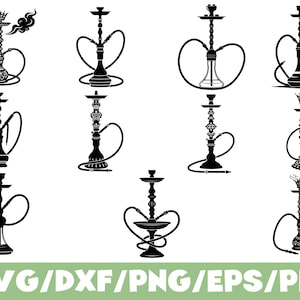 May include: Black hookah designs in various styles. The image features multiple silhouettes of hookahs, showcasing different shapes, sizes, and decorative elements. The designs include ornate bases, stems, and hoses, with some featuring crowns and smoke effects. The text "SVG/DXF/PNG/EPS/PDF" is at the bottom.