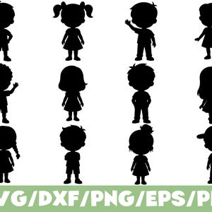 Peut inclure: Une collection de douze silhouettes noires représentant des enfants dans diverses poses, notamment debout, faisant signe de la main et faisant le signe de la paix. Les personnages ont des coiffures et des vêtements variés, présentés sous forme de graphiques.