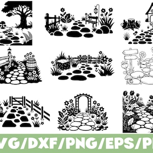 Könnte beinhalten: Eine Sammlung von neun schwarz-weißen Vektorillustrationen mit Gartenwegen, Steinpfaden, Holzzäunen, Blumen, Bäumen, einem kleinen Haus, einer Gießkanne und einem Heuballen. Die Designs sind in einem Rasterformat für die digitale Nutzung dargestellt.