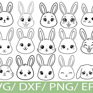Può includere: Una collezione di quindici facce di coniglietti dei cartoni animati in bianco e nero. Ogni coniglietto ha un'espressione unica, con variazioni nella forma degli occhi e della bocca. Il testo "SVG / DXF / PNG / EPS" è incluso.