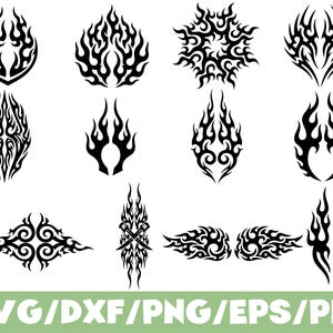 May include: A collection of black tribal flame designs in various shapes and sizes. The designs include symmetrical and asymmetrical flame patterns, suitable for tattoos or graphic design projects. The image also includes the text "SVG/DXF/PNG/EPS/PDF" in green.