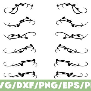 May include: Black decorative flourish designs with leaf accents. The image includes several symmetrical, curved designs, perfect for digital crafting projects. The bottom of the image features the text "SVG/DXF/PNG/EPS/PDF" in green.