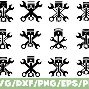 Może przedstawiać: Czarno-białe grafiki wektorowe skrzyżowanych kluczy i tłoków. Obraz przedstawia wiele układów tych symboli mechanicznych, odpowiednich do projektów motoryzacyjnych lub inżynieryjnych. Tekst "SVG/DXF/PNG/EPS/PDF" jest wyświetlany na dole.