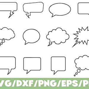 May include: A collection of black and white speech bubble graphics in various shapes, including rectangular, oval, and cloud-like designs. The bottom of the image displays the text "SVG/DXF/PNG/EPS/PDF" in green.