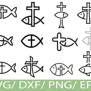 Puede incluir: Una colección de símbolos cristianos de peces en blanco y negro, cada uno con una cruz incorporada en el diseño. La imagen incluye el texto "SVG / DXF / PNG / EPS" en una pancarta verde en la parte inferior, que indica los formatos de archivo.