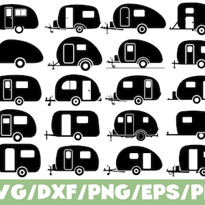 May include: A collection of twenty black silhouette icons depicting various travel trailers and campers in different shapes and sizes, each featuring a hitch, wheels, doors, and windows, arranged in a grid with the text SVG/DXF/PNG/EPS/PDF.