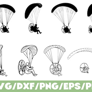 May include: Black and white illustrations of powered paragliders in various designs. The images include silhouettes of people with paragliding wings and propellers. The text at the bottom reads "SVG/DXF/PNG/EPS/PDF".