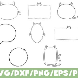 May include: A set of black and white cat-themed graphics. Features cat faces, speech bubbles, and frames. The text "SVG/DXF/PNG/EPS/PDF" is displayed in green.