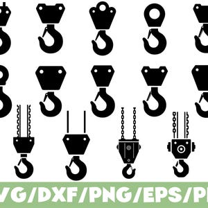 Pode incluir: Uma coleção de silhuetas pretas de ganchos de guindaste em vários designs. Os ganchos têm diferentes formas superiores, incluindo retangulares, circulares e com fixações de corrente. A imagem também inclui o texto "SVG/DXF/PNG/EPS/PDF" em verde.
